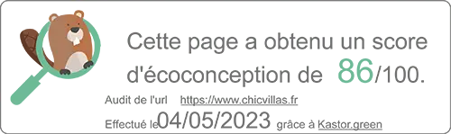 L'URL https://www.chicvillas.fr a obtenu un score d'écoconception de 86/100. Effectué le 04/05/2023 grâce à Kastor.green
